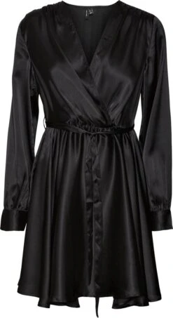 Vero Moda VMDIANA LS SATIN WRAP DRESS WVN BF Dames MINI Wikkeljurk Black - Maat XXL