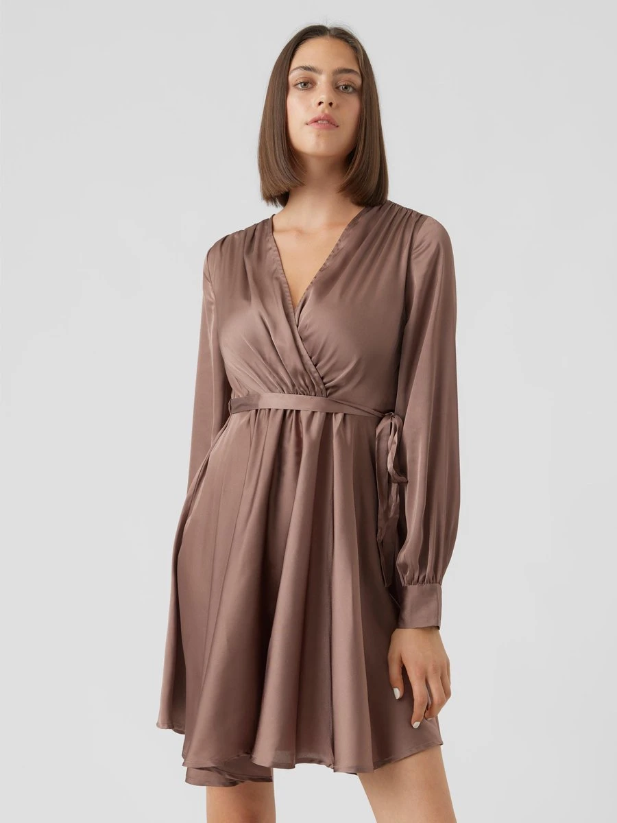 Vero Moda VMDIANA LS SATIN WRAP DRESS WVN BF Dames MINI Wikkeljurk DEEP TAUPE - Maat XS 4 Vero Moda VMDIANA LS SATIN WRAP DRESS WVN BF Dames MINI Wikkeljurk DEEP TAUPE - Maat XS - Afbeelding 4