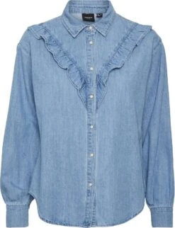 Vero Moda Blouse Vmhaily Ls Frill Denim Shirt 10280681 Light Blue Denim Dames Maat - XL