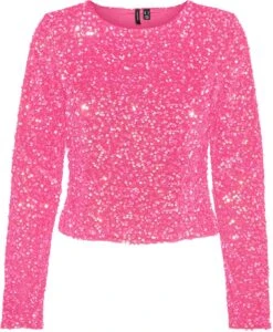 Vero Moda VMFAME L/S O-NECK CROP TOP CP Dames Top Hot Pink - Maat XS
